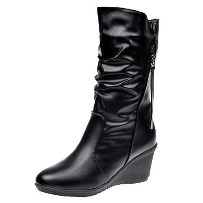Oasap Round Toe Wedge Heels Solid Color Warm Mid-calf Boots