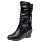 Oasap Round Toe Wedge Heels Solid Color Warm Mid-calf Boots