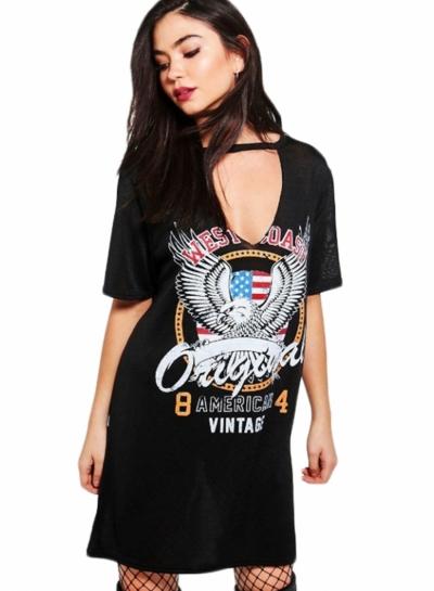 Oasap Hollow Out Eagle Printing Dress