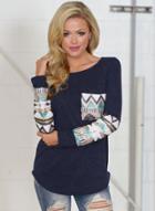 Oasap Color Block Round Neck Long Sleeve Tee Shirt With Pocket