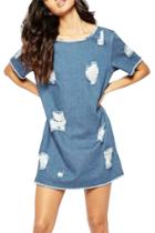 Oasap Women's Fashion Short Sleeve Distressed Denim Shift Dress