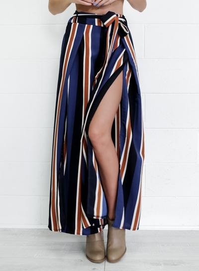 Oasap Side Slit Stripe High Waist Wide Leg Pants With Belt
