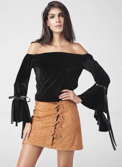 Oasap Slash Neck Flounce Sleeve Solid Color Blouse