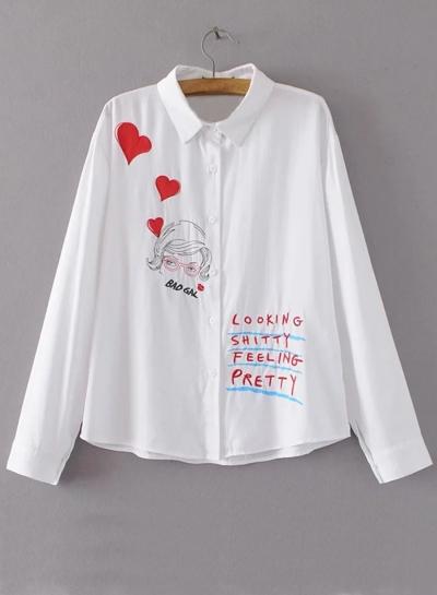 Oasap Embroidered Basic Collar Long Sleeve Shirts