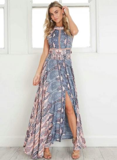Oasap Off Shoulder Sleeveless Backless Boho Printed Slit Maxi Dress