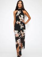 Oasap Halter Neck Sleeveless Floral Printed Slit Maxi Dress