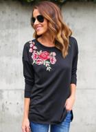 Oasap Casual Long Sleeve Floral Embroidery Pullover Tee