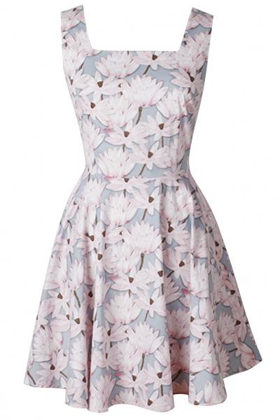 Oasap Sweet Square Neck Floral Print Skater Mini Dress