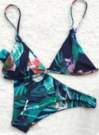 Oasap Floral Printing Triangle Splicing Bikini Set
