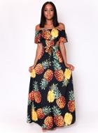 Oasap Off Shoulder Ruffle Short Sleeve Pineapple Printed Maxi Dress