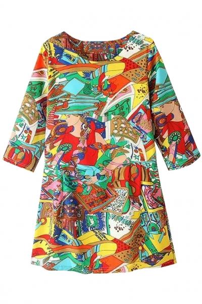 Oasap Abstract Art Three Quarter Length Sleeve Dress