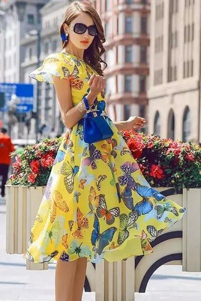 Oasap Flowy Pleated Butterflies Print Midi Dress