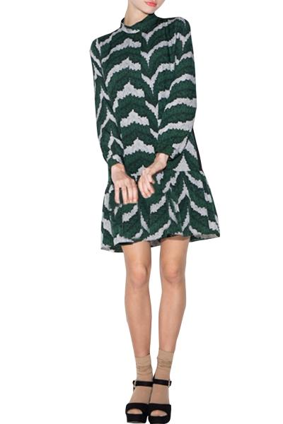 Oasap Women's Sweet High Neck Long Sleeve Flounce Hem Print Dress