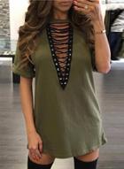 Oasap V Neck Lace-up Short Sleeve Pullover Mini Dress