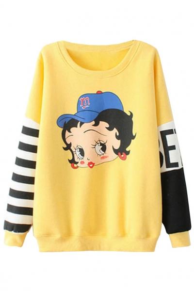 Oasap Classic Paneled Striped-sleeve Cartoon Pattern Sweatshirt