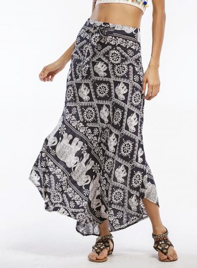 Oasap Printed Self Tie High Waist Boho Maxi Skirt