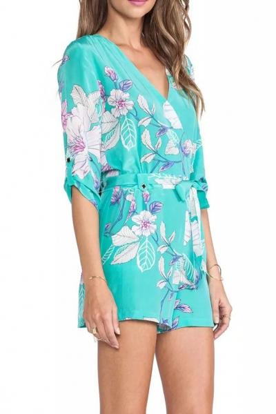 Oasap Sexy Hot Floral Middle-waist Aqua Romper