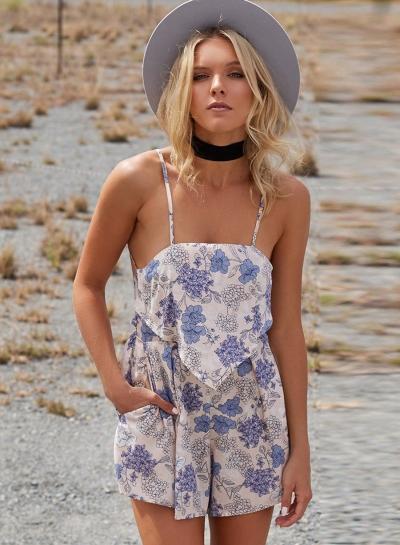 Oasap Spaghetti Strap Backless Printed Beach Romper