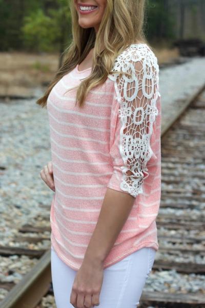Oasap Chic Lace-paneled Striped Tee