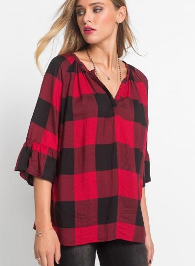 Oasap V Neck Flare Sleeve Plaid Pullover Blouse