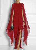 Oasap Solid Color Round Neck Batwing Sleeve High Slit Prom Dress