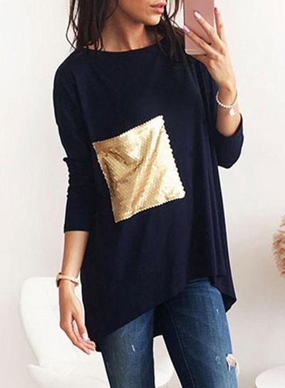Oasap Loose Fit Long Sleeve Sequins Pockets Front Tee