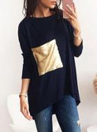 Oasap Loose Fit Long Sleeve Sequins Pockets Front Tee