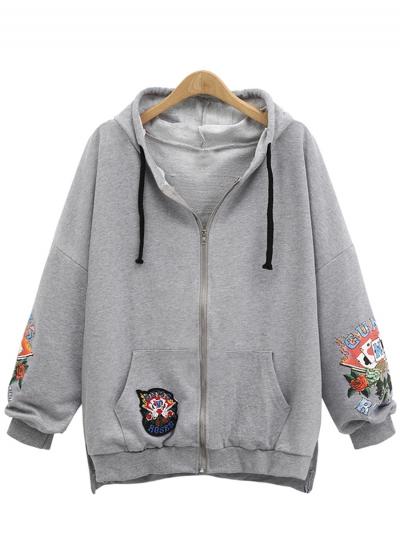 Oasap Casual Long Sleeve Printed Loose Fit Slit Hoodie