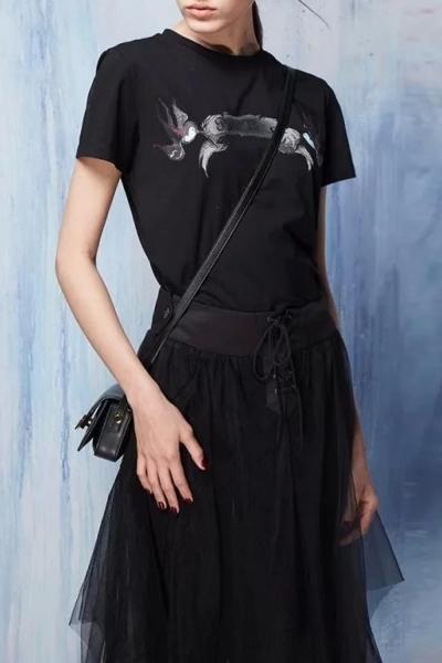 Oasap Swallow Print Short Sleeve Round Neck Knit Tee