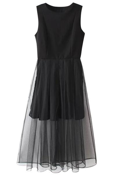 Oasap Little Black Mesh Paneled Round Neck Sleeveless Dress