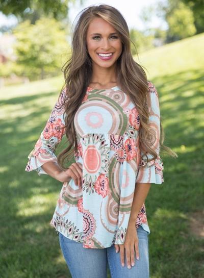 Oasap Round Neck Flare Sleeve Circle Print Tee Shirt