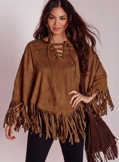 Oasap Women's Faux Suede Lace Up Tasseled Cape Style Coat