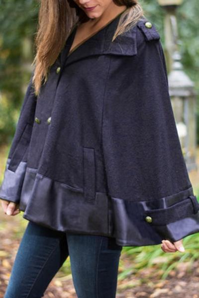 Oasap Elegant Double-breasted Pu Paneled Slanted Pocket Poncho