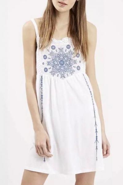 Oasap Embroidery Print Lace Paneled Spaghetti Strap Dress