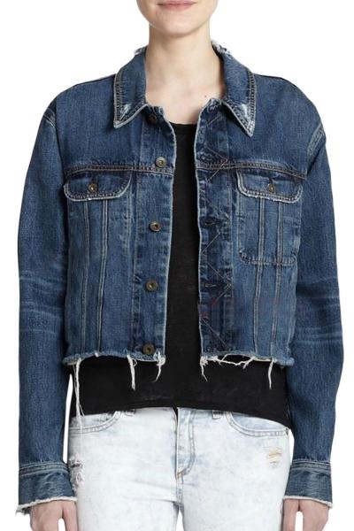 Oasap Women Frayed Button Front Long Sleeve Cropped Denim Jacket