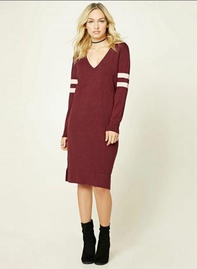 Oasap Color Block Striped V Neck Long Sleeve Midi Dress