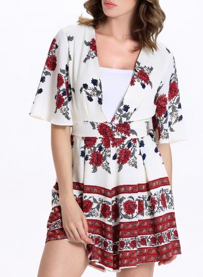 Oasap V Neck Floral Print Half Sleeve Romper With Belt