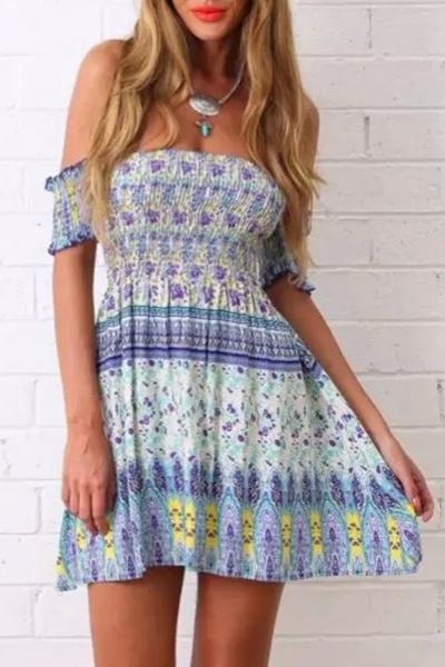 Oasap Glamorous Tribal Print Off-shoulder Dress