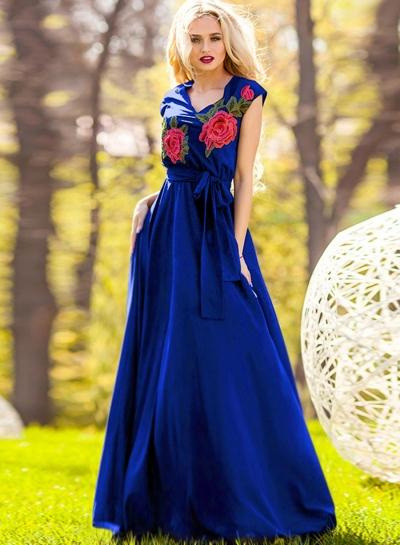 Oasap V Neck Cap Sleeve Floral Embroidery Maxi Dress