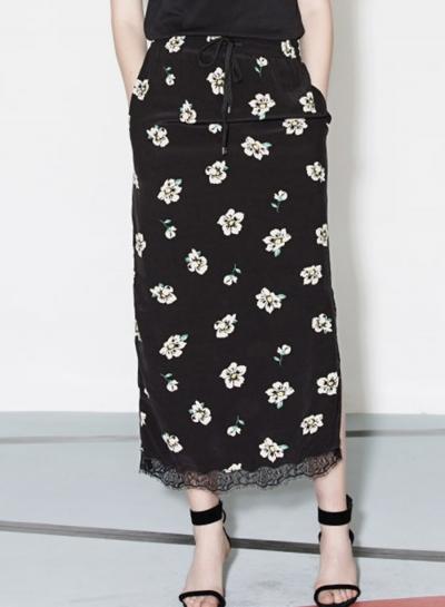 Oasap Elastic Waist Flora Printed Lace Trim Maxi Skirt