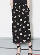 Oasap Elastic Waist Flora Printed Lace Trim Maxi Skirt