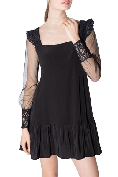 Oasap Women's Square Neck Mesh Panel Flounce Hem A Line Dress