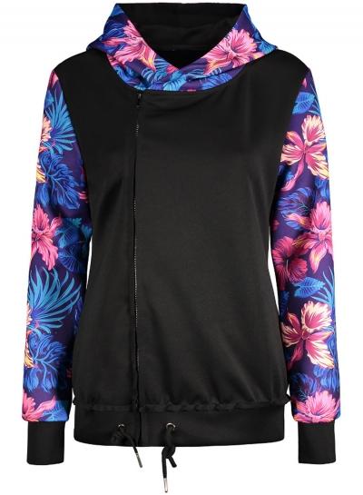 Oasap Long Sleeve Floral Splicing Oblique Zip Coat