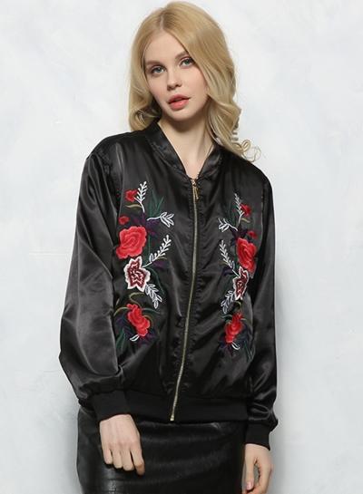 Oasap Floral Embroidery Long Sleeve Full-zip Jacket