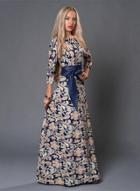 Oasap Floral 3/4 Sleeve Maxi Prom Dress With Belt