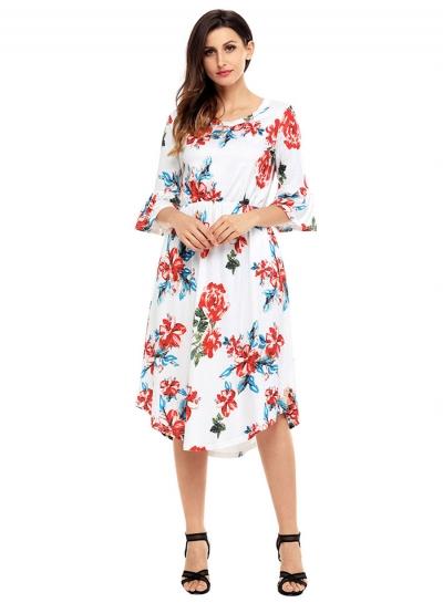 Oasap Floral Print Round Neck Flare Sleeve Midi Dress