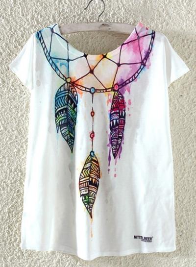 Oasap Short Sleeve Dreamcatcher Printed Loose Fit Tee