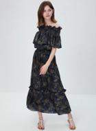 Oasap Off Shoulder Ruffles Floral Print Maxi Dress