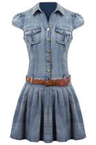 Oasap Flattering Solid Cap Sleeve Buttoned Denim Dress