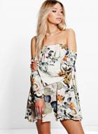 Oasap Vintage Slash Neck Long Sleeve Floral Print Mini Dress